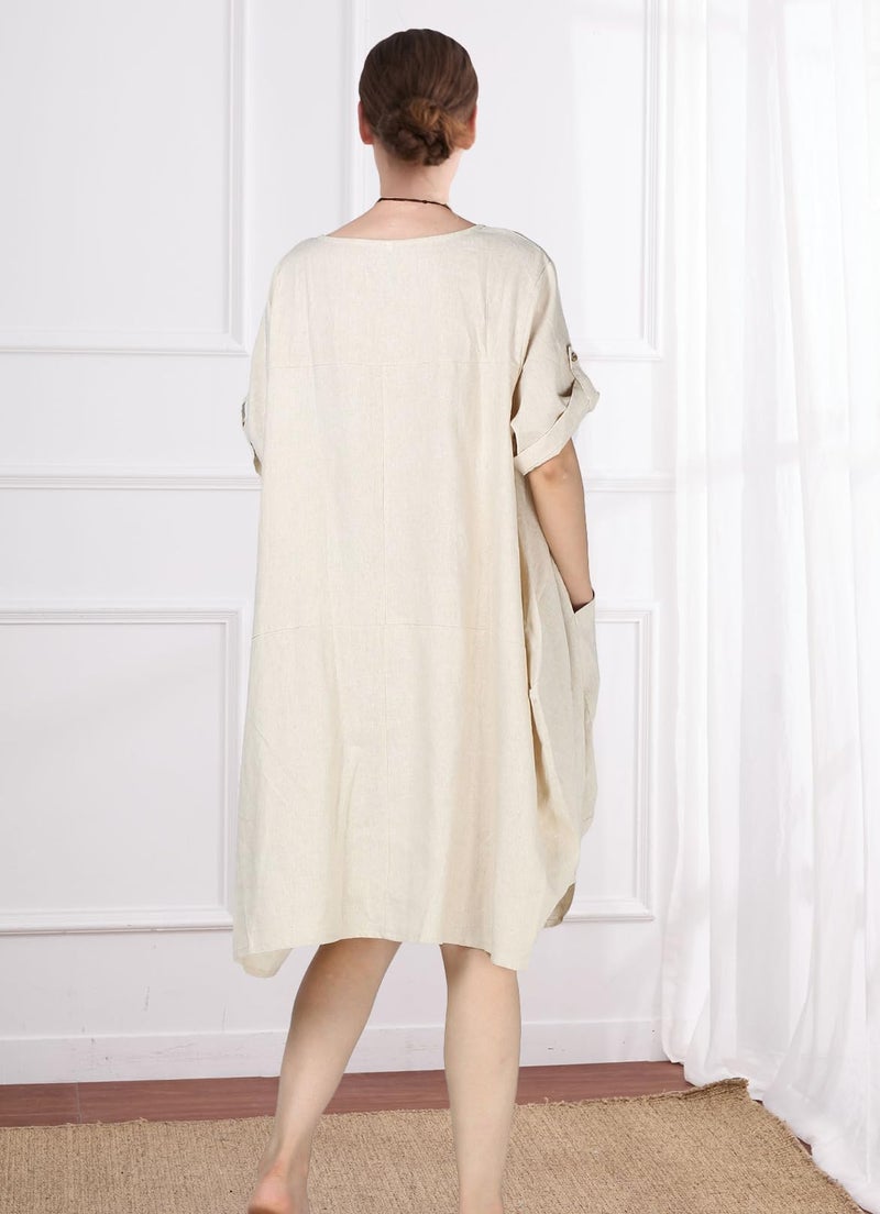 Minibee Women's Ruffle Oversize Casual Midi Dresses with Pockets (L, Beige) - Image 3